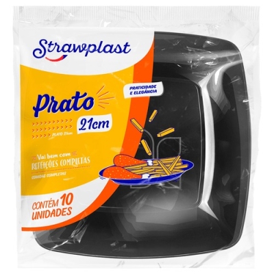 PRATO QUADRADO PRETO RASO 21 CM STRAWPLAST 10 UND