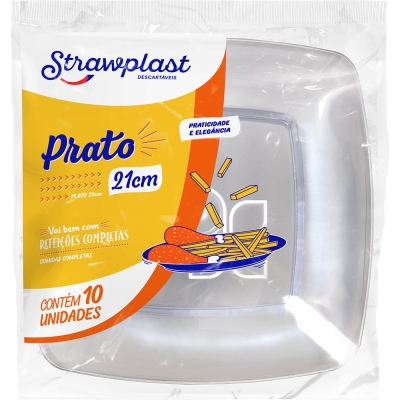 PRATO QUADRADO CRISTAL RASO 21 CM STRAWPLAST 10 UND