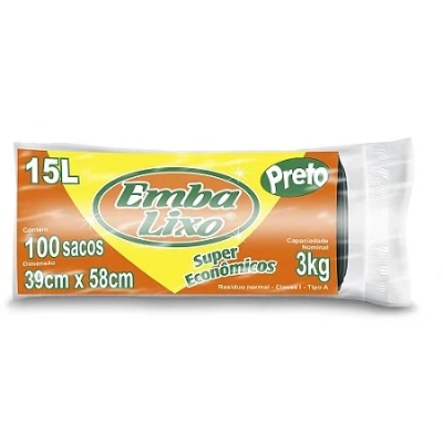 SACO LIXO PRETO 15 LTS 39X58 CM EMBALIXO 100 UND