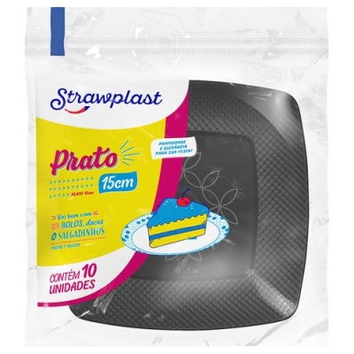 PRATO QUADRADO PRETO RASO 15 CM STRAWPLAST 10 UND