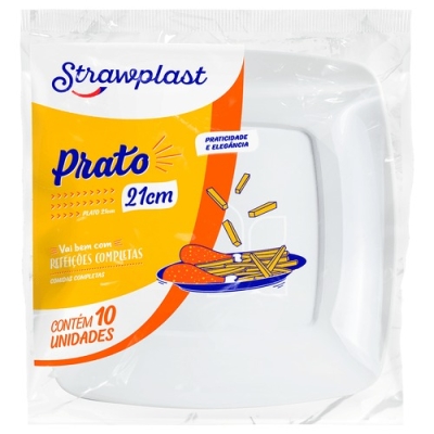 PRATO QUADRADO BRANCO RASO 21 CM STRAWPLAST 10 UND